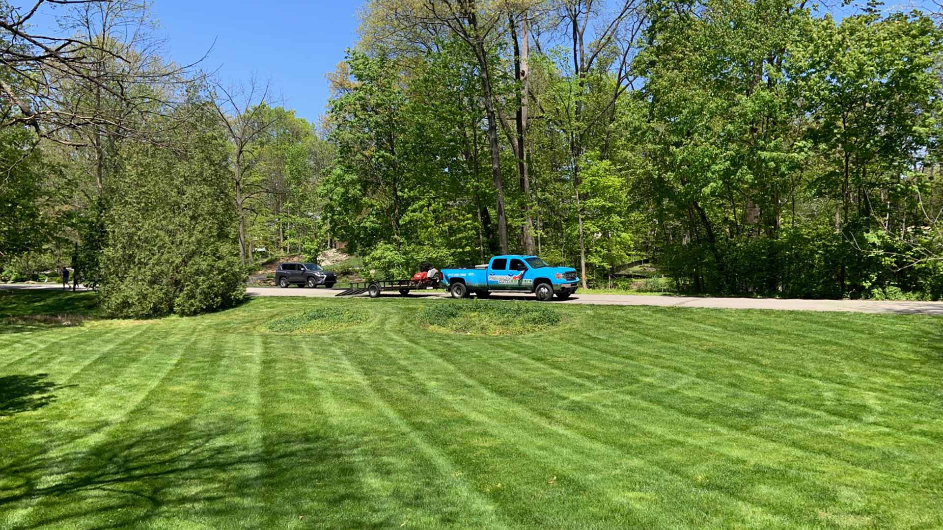 Beautiful, green home lawn with mowing lines near Whitestown, IN.
